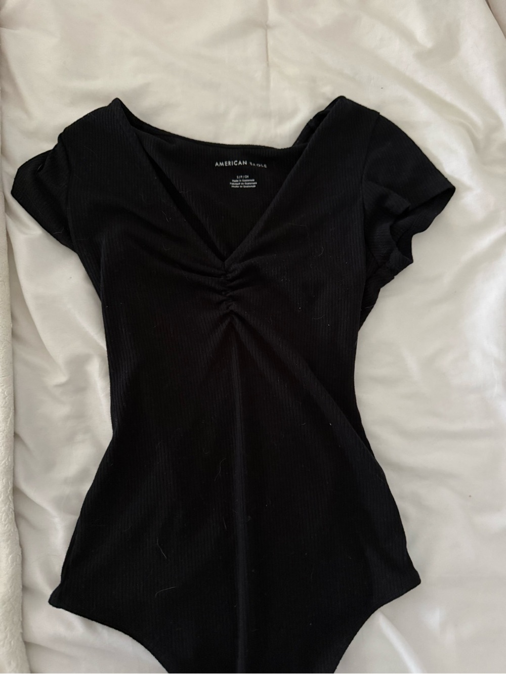 American Eagle Outfitters Black Short-Sleeve Ruched V-Neck Bodysuit